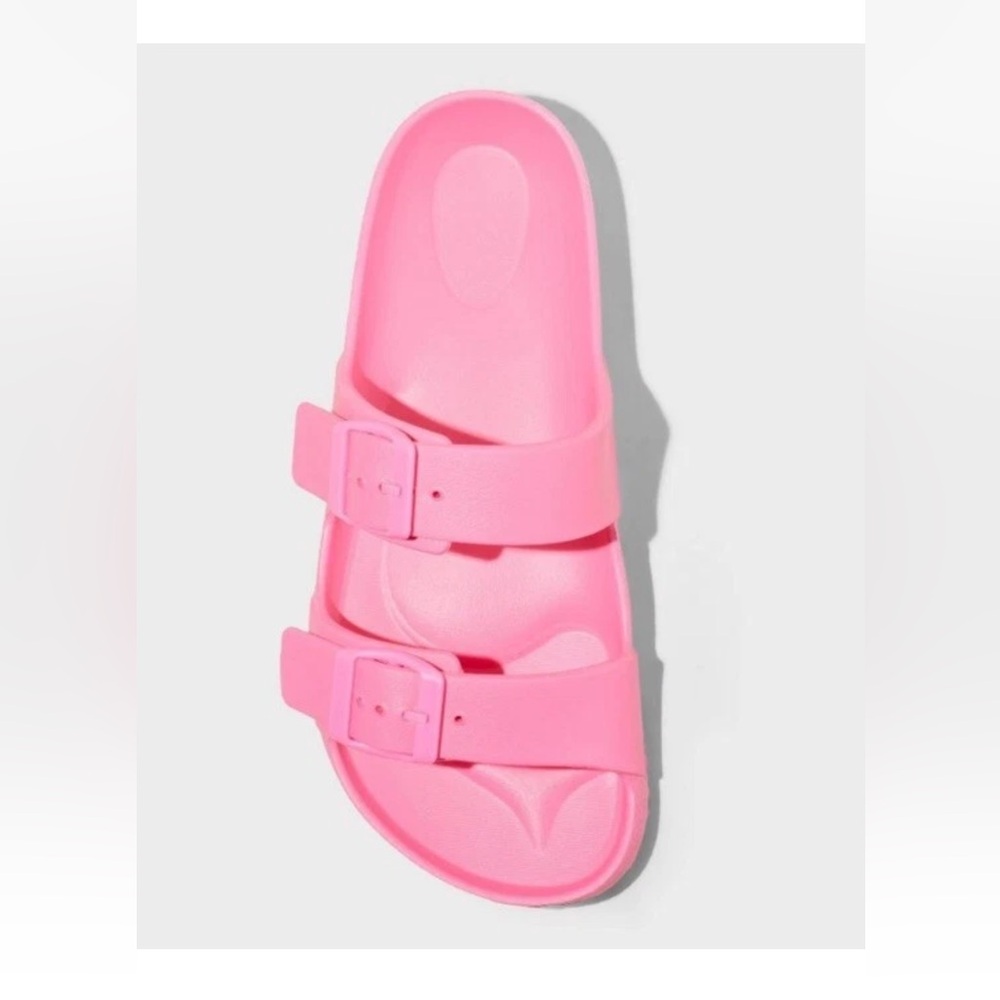 Shade & Shore Bright Neon Pink Double Strap Summer Sandals Slides - Picture 7 of 10